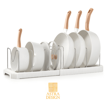 Astra Design Pot and Pan Organizer Rack, Expandable Adjustable Pot Lid Organizer for Cabinet, Drawer and Counter, White, Stainless Steel Dividers, Holds Pots, Pans, Lids, Cutting Boards and Bakeware