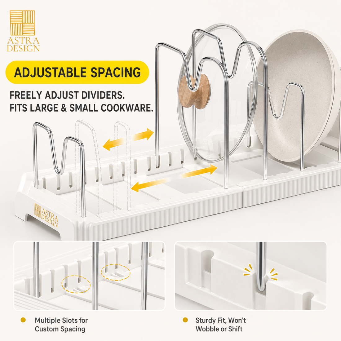 Astra Design Pot and Pan Organizer Rack, Expandable Adjustable Pot Lid Organizer for Cabinet, Drawer and Counter, White, Stainless Steel Dividers, Holds Pots, Pans, Lids, Cutting Boards and Bakeware