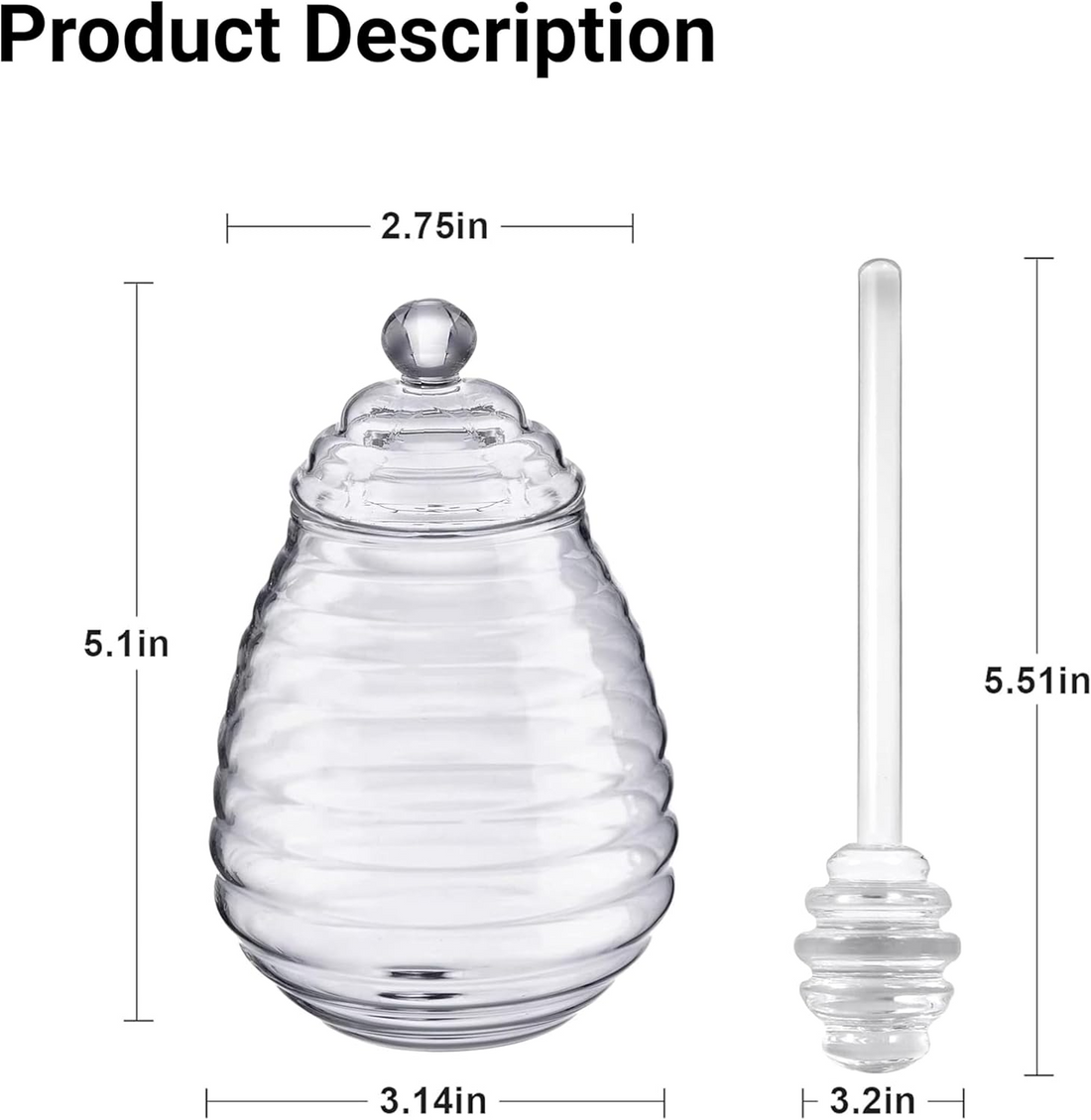 Glass Honey Jar with Dipper & Lid , 9oz Honey Pot