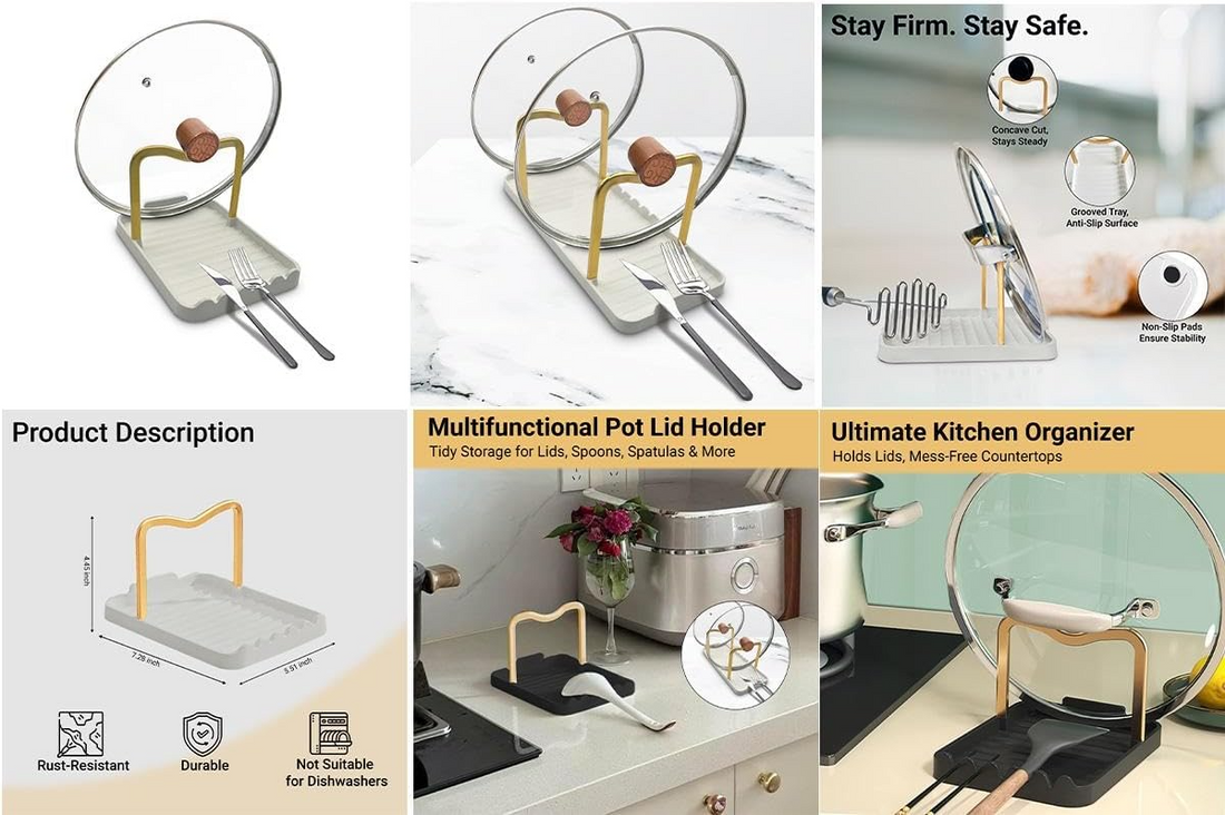 Astra Design Spoon and Lid Holder Rack – Black & Gold Kitchen Organizer